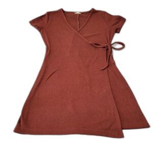 Madewell Red Burgundy Ribbed Knit Wrap Dress V-Neck with Tie Medium Style AB282